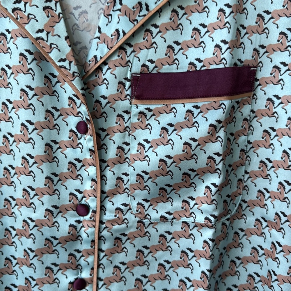 Ann Taylor Silky Horse Print Pajama Lightweight PJ Set Blue Brown Burgandy M NWT - Picture 7 of 16